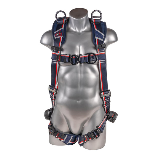 KStrong® EndurX™ 5-Point Full Body Harness, Premium Shoulder Pad, Deluxe Leg Pads, Enhanced Dorsal D-ring Plus™, Front D-ring, Shoulder D-rings, Premium Adjusters, Trauma Relief Straps, QC Chest/Legs, All Aluminum Hardware (ANSI)