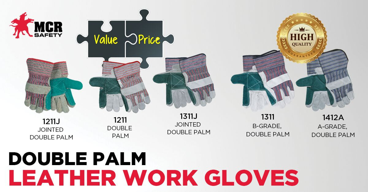 Double Palm Cowhide Split Leather Work Gloves, Rubberized Safety Cuff, Wing Thumb