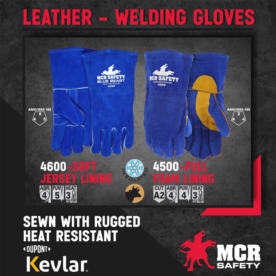 MCR Safety 4600 - MCR Safety Blue Beast - Leather Welding Work Gloves - Jersey Lined - Premium A Grade Side Split Leather - Reinforced Palm and Thumb Strap - Wing Thumb Design - Sewn with Kevlar® — Sold by Pair — manufacturer image 7