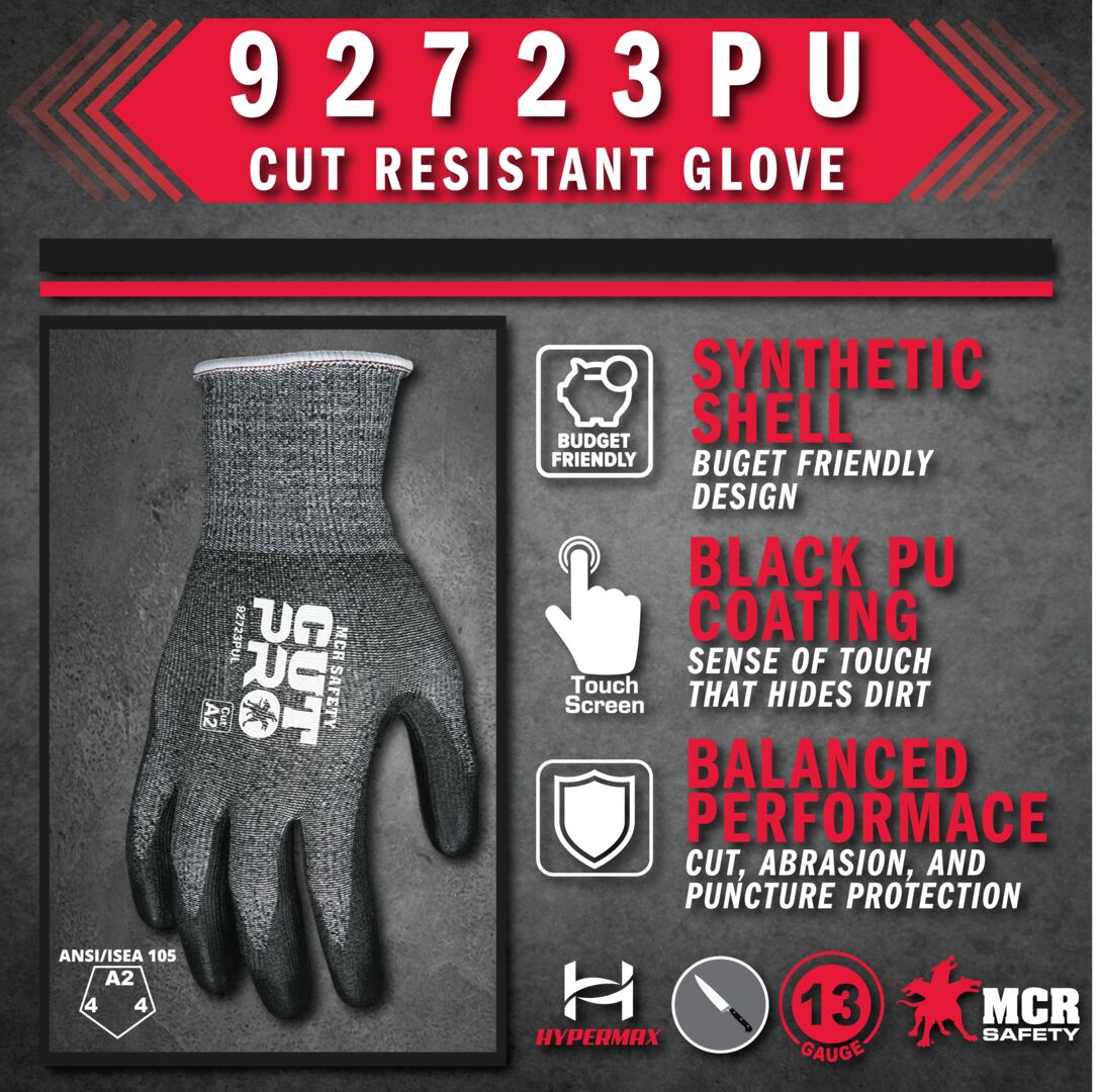 92723PU - MCR Safety CutPro® - 13 Gauge HyperMax® HPPE Shell - Cut, Abrasion and Puncture Resistant - PU Coated Palm and Fingertips - Black Polyurethane Coating adds Abrasion Resistance