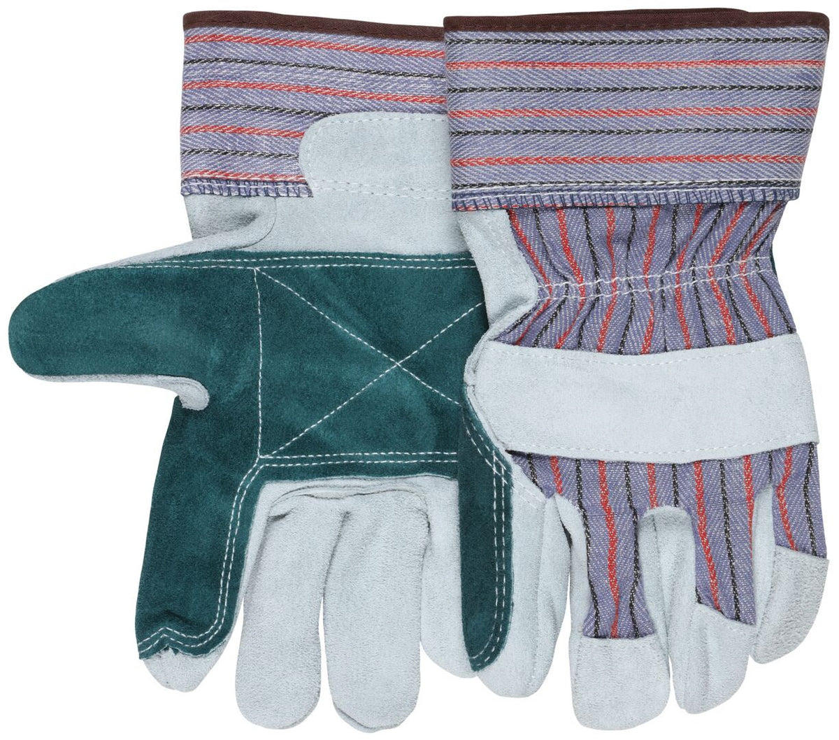 Leather Palm Work Gloves, Double Cowhide Split, Rubberized Safety Cuff