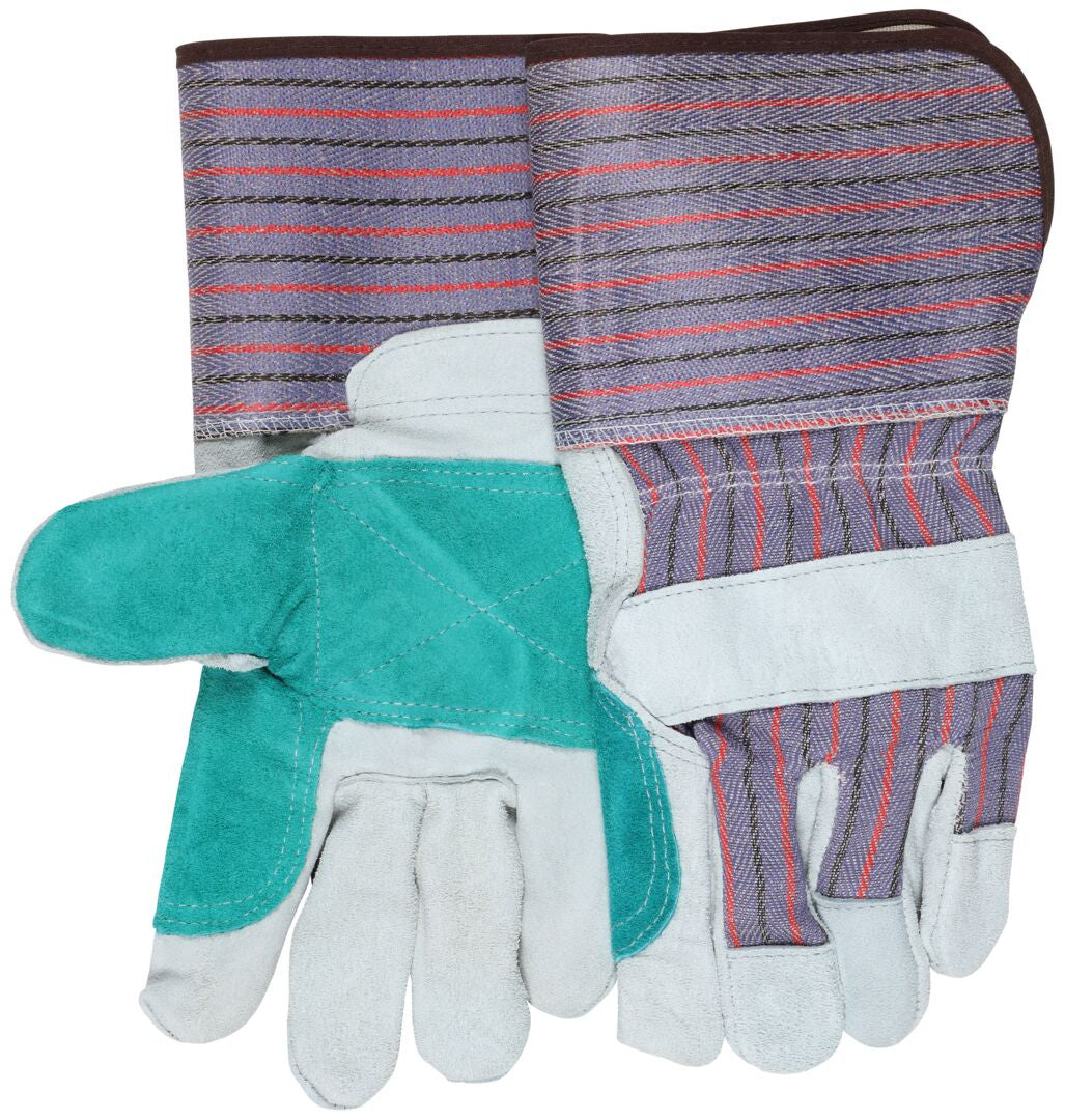 Cowhide Split Leather Double Palm Work Gloves, Gauntlet Cuff, Select B Grade