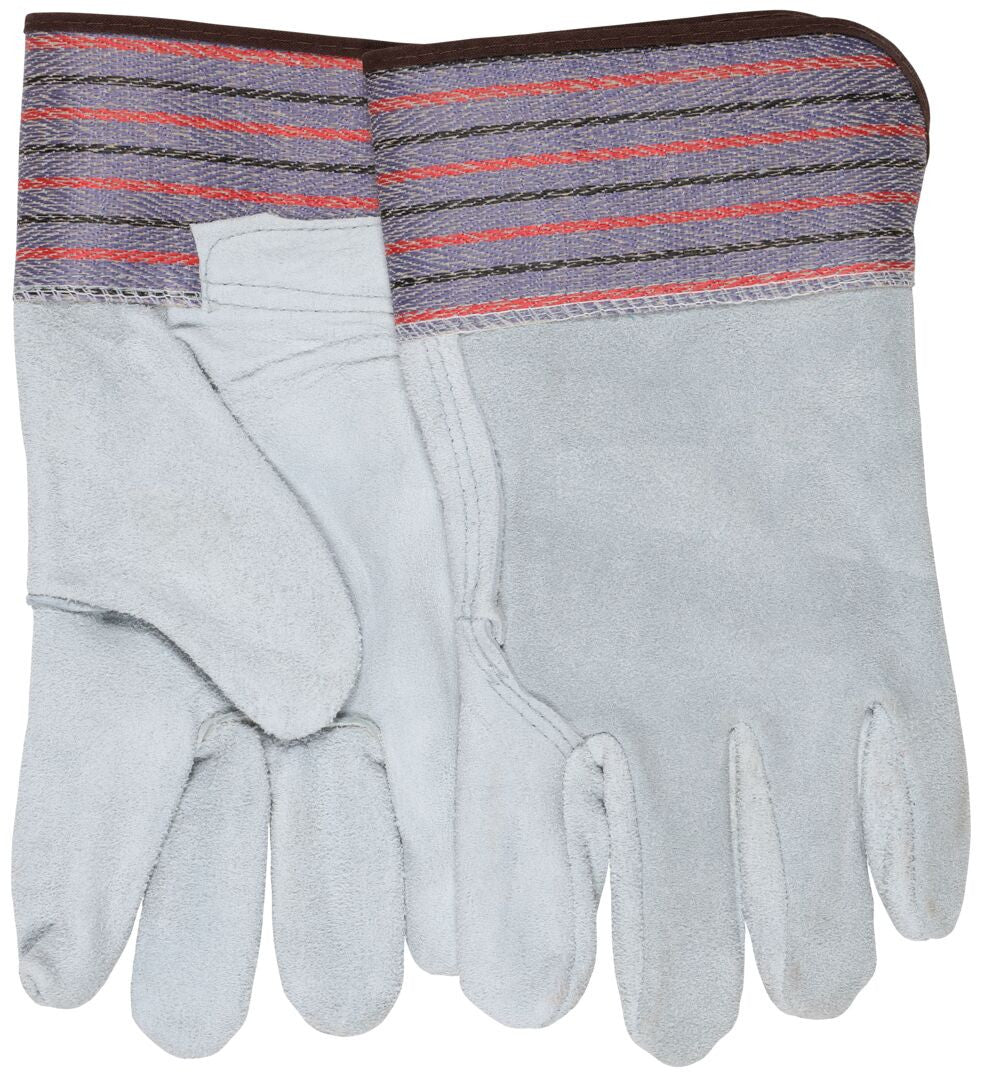 Cowhide Split Leather Work Gloves, Full Leather Back, Rubberized Safety Cuff, Wing Thumb