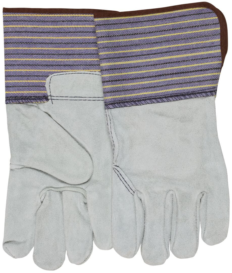 Leather Palm Work Gloves, Split Cowhide, Select B+ Grade, Plasticized Gauntlet Cuff