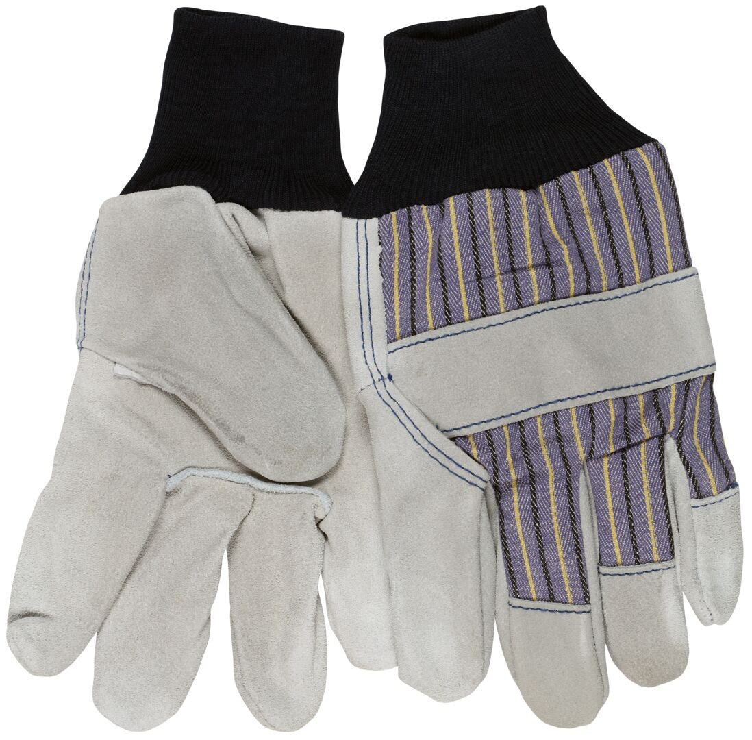 Leather Palm Work Gloves, Split Cowhide, Select B+ Grade, Knit Wrist