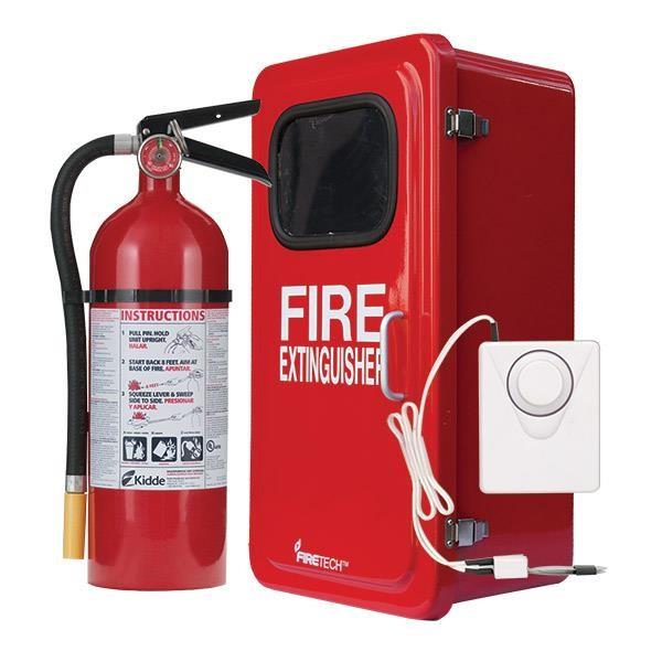 5 lb ABC Pro Line Fire Extinguisher w/ FireTech Fiberglass Cabinet (Red), & Cabinet Alarm
