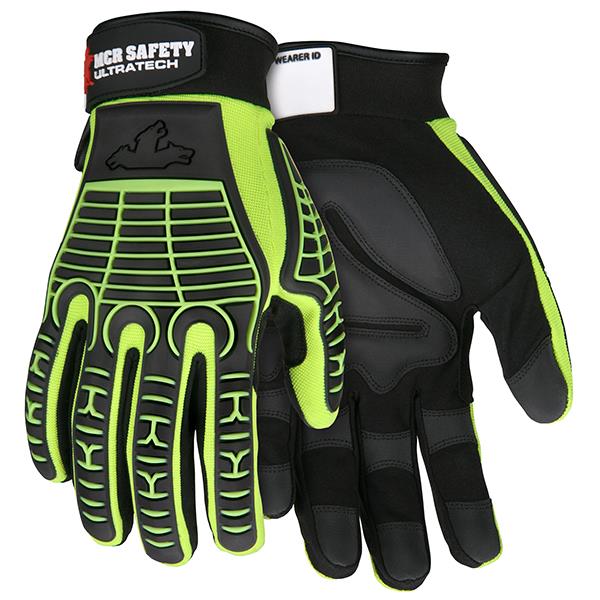 MC502 - MCR Safety UltraTech® Mechanics Gloves - Hi-Visibility Abrasion Resistant Gloves - 2 Way Stretch Hi-Visibility Back - G-shaped Palm Padding and TPR Cage Back