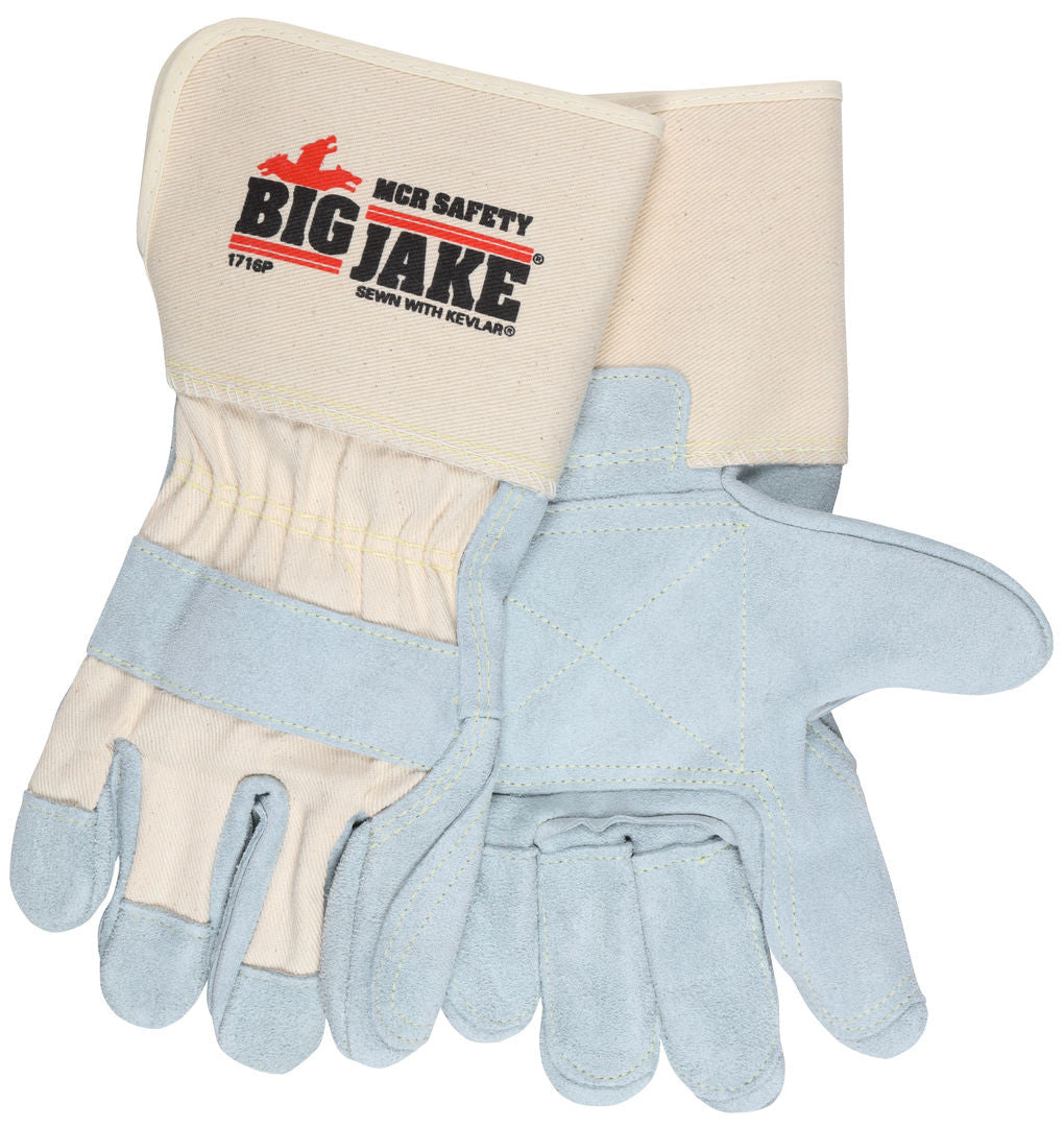 Big Jake Cowhide Split Leather Palm Work Gloves, Double Palm, Gauntlet Cuff
