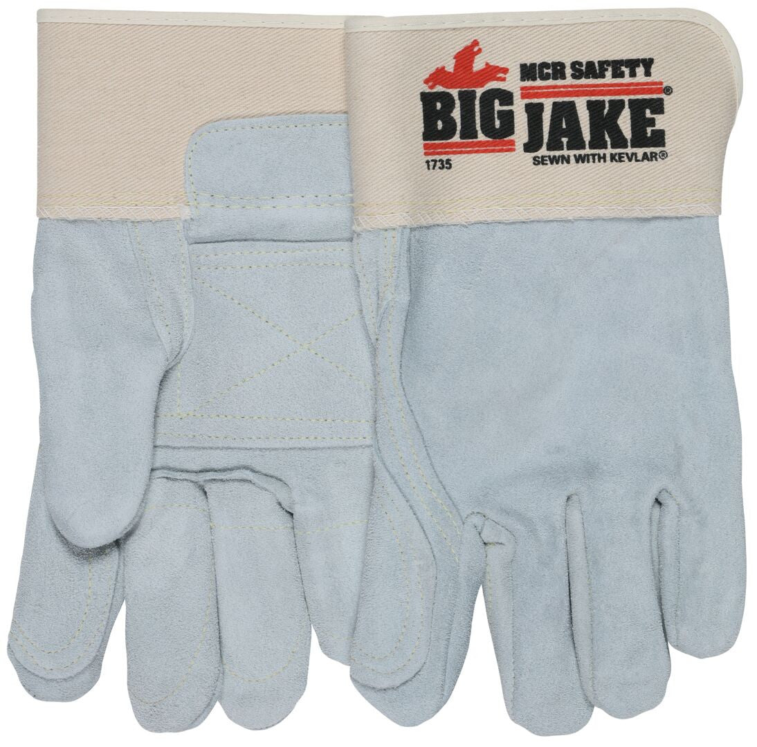 Big Jake Cowhide Double Palm Work Gloves, Premium A+ Split Leather, Kevlar-Sewn, Rubberized Safety Cuff