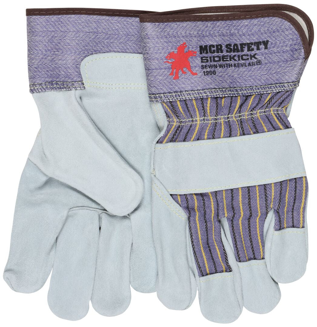 Sidekick Leather Palm Work Gloves, Cowhide Split, Rubberized Safety Cuff, Kevlar Sewn