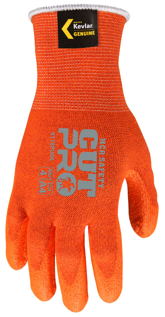 9178PUO - MCR Safety CutPro® - 13 Gauge Orange DuPont™ Kevlar® Aramid Shell - Cut Resistant Work Gloves - Polyurethane (PU) Coated Palm and Fingertips - Hi-Visibility Cut Protection