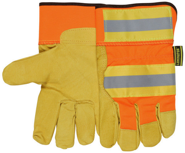 Luminator Insulated Pigskin Leather Palm Gloves, Hi-Vis Back, Rubberized Safety Cuff