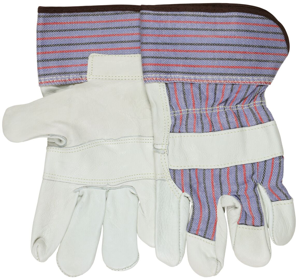 Grain Cowhide Leather Palm Work Gloves, Wing Thumb, Rubberized Safety Cuff