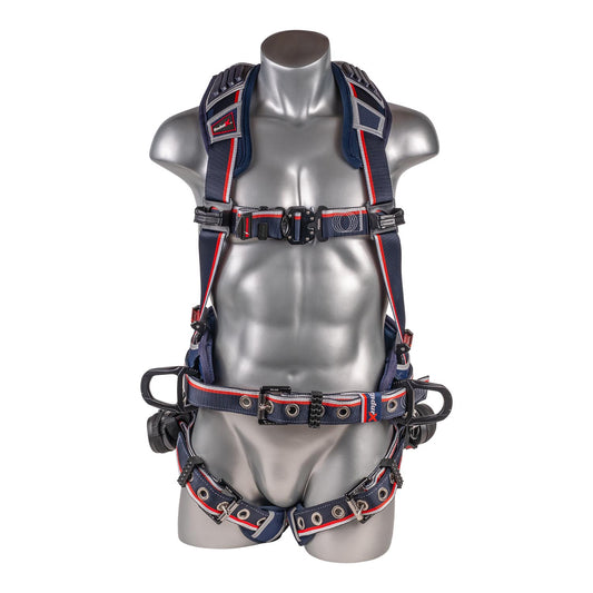 KStrong® EndurX™ 5-Point Full Body Harness, Abrasion Resistant Shoulder Pad, Premium Work Positioning Waist Pad w/Removable Tool Belt, Deluxe Leg Pads, Enhanced Dorsal D-ring Plus™, Side D-rings, Quick Slide Adjusters, Trauma Relief Straps, QC Chest, TB Legs (SS), All Aluminum Hardware (ANSI)