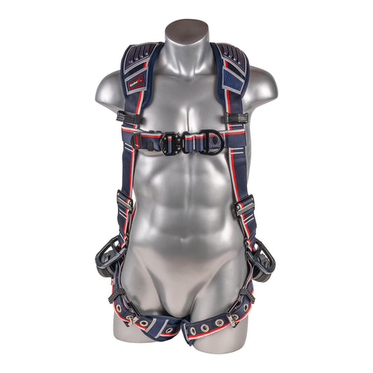 KStrong® EndurX™ 5-Point Full Body Harness, Abrasion Resistant Shoulder Pad, Deluxe Leg Pads, Enhanced Dorsal D-ring Plus™, Front D-ring, Side D-rings, Premium Adjusters, Trauma Relief Straps, QC Chest, TB Legs (SS), All Aluminum Hardware (ANSI)