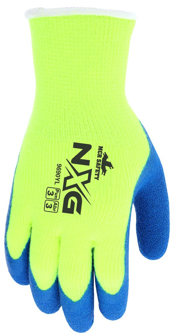 9690Y - MCR Safety NXG® Insulated Work Gloves - 10 Gauge Hi-Visibility Acrylic Shell - Blue Latex Coated Palm and Fingertips - NXG® Provides Premium Quality, Comfort, and Fit - A Great Choice for Long Workdays