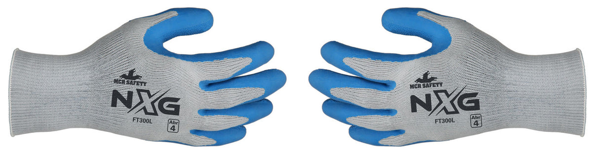 FT300 - MCR Safety NXG® Work Gloves - 10-Gauge Gray Cotton/Polyester Shell - Blue Latex Palm and Fingertips - NXG® Provides Premium Quality, Comfort, and Fit - A Great Choice for Long Workdays