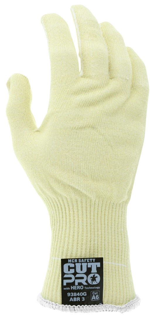 93840G - MCR Safety CutPro® with Hero™ Technology - 13 Gauge Regular Weight Shell Made with ARX® Aramid Fibers - Uncoated Cut Resistant Work Gloves - 3.5-Inch Knit Wrist - Extended Cuff - Soft Uncoated Fibers Provide Dexterity and Sense of Touch