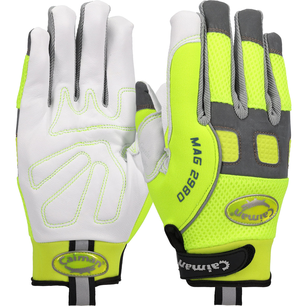 2980-4 PIP 2980-3 Caiman® MAG™ Multi-Activity Glove with White Goat Grain Leather Padded Palm and Hi-Vis Yellow AirMesh™ Back – Polyurethane Gloves PPE