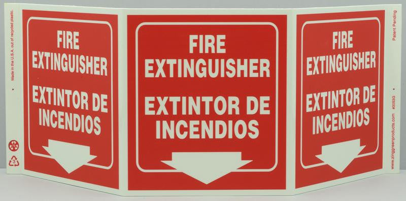 ZING Safety Sign "Fire Extinguisher" Standard Triview, Bilingual - Glow - official Zing product image 1