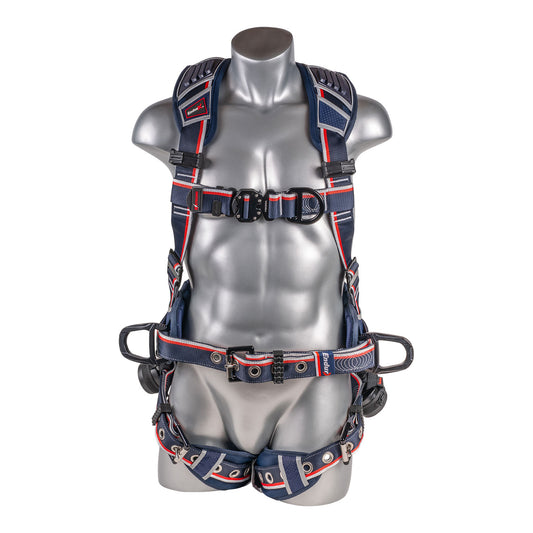 KStrong® EndurX™ 5-Point Full Body Harness, Abrasion Resistant Shoulder Pad, Premium Work Positioning Waist Pad w/Removable Tool Belt, Deluxe Leg Pads, Enhanced Dorsal D-ring Plus™, Front D-ring, Side D-rings, Premium Adjusters, Trauma Relief Straps, QC Chest, TB Legs (SS), All Aluminum Hardware (ANSI)