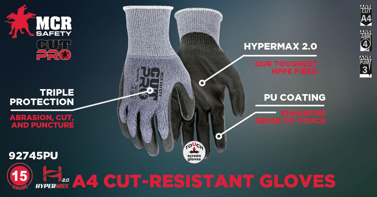 92745PU - MCR Safety CutPro® - 15 Gauge HyperMax® HPPE Shell - Cut, Abrasion and Puncture Resistant - Polyurethane (PU) Coated Palm and Fingertips