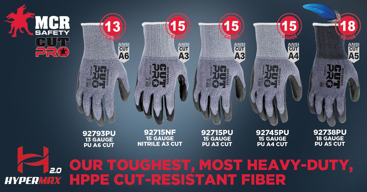 92715PU - MCR Safety CutPro® - 15 Gauge HyperMax® HPPE Shell - Cut, Abrasion and Puncture Resistant - Polyurethane (PU) Coated Palm and Fingertips