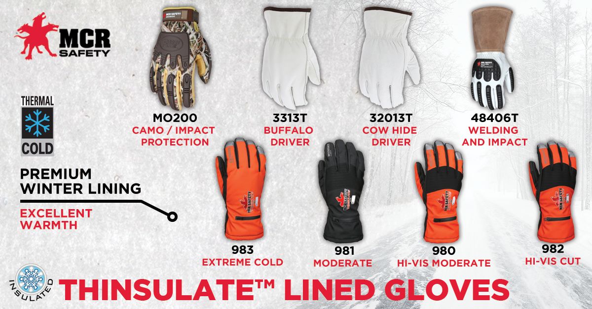 981 - MCR Safety Insulated Mechanics Gloves - 100 Gram Thinsulate™ Lining - MAXGrid™ Material Palm - Inner Elastic Snow and Ice Cuff - Waterproof / Windproof Barrier for Moderate Climate Protection