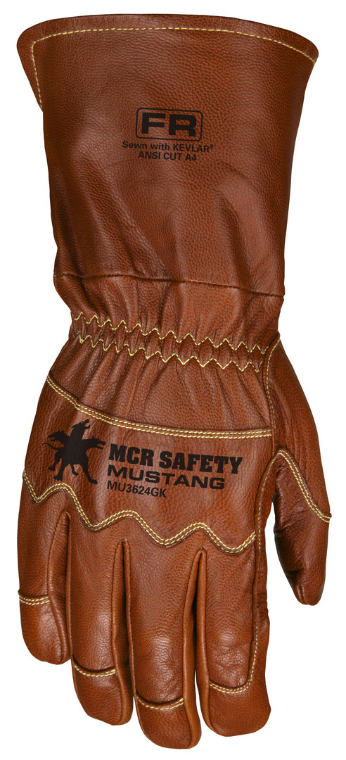 MU3624GK - Mustang Utility Leather Work Gloves - Premium A Grade Grain Goatskin - Double Palm - DuPont™ Kevlar® Aramid Lined and Sewn - Extended Gauntlet Cuff and Wing Thumb - This FR Glove has an Arc Rating of 61.4 cal/cm²