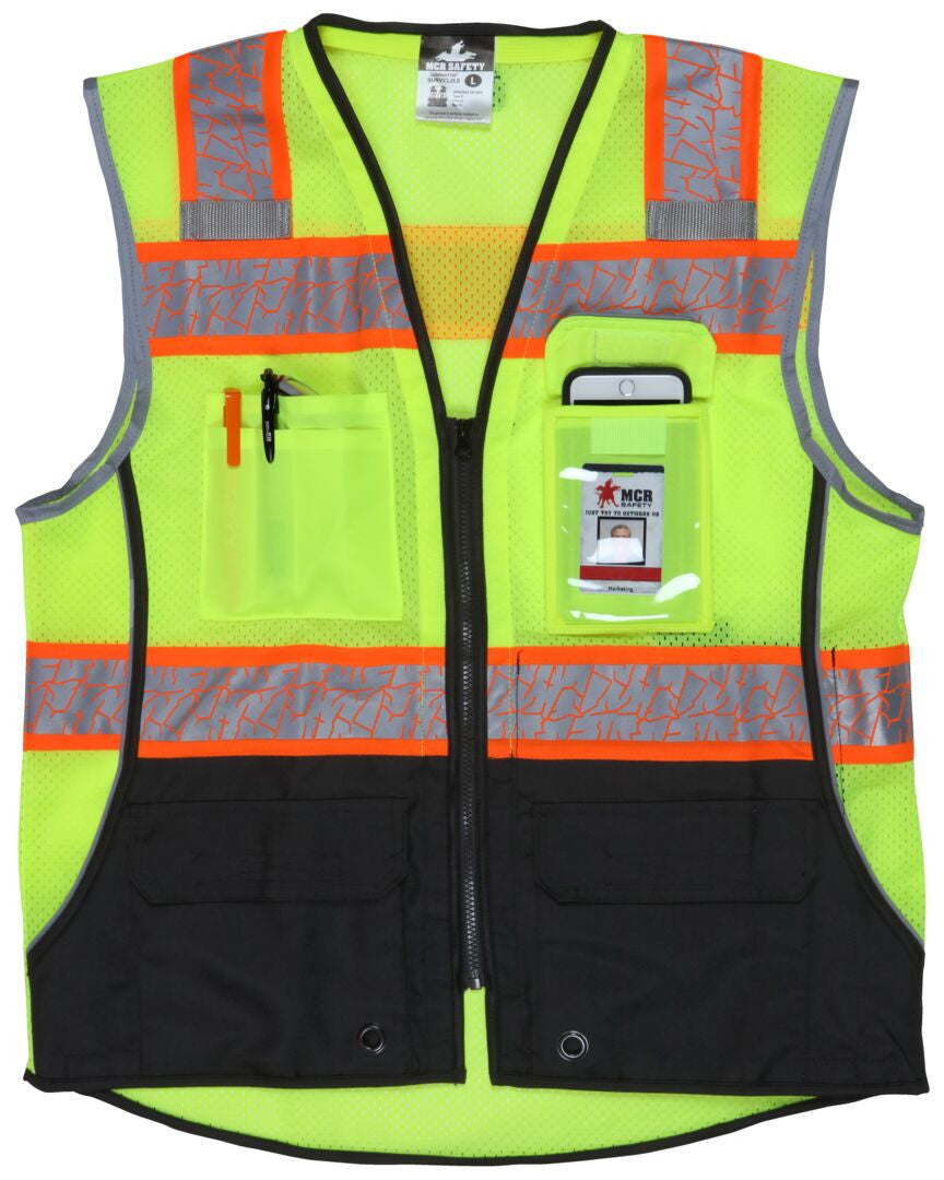 SURVCL2LS - Hi-Vis Reflective Lime Safety Vest - Trimmed with Silver Reflective Binding - Meets ANSI/ISEA 107 2020 Standard - Type R Class 2 Compliant - Zippered Front Closure - Surveyor Vest with 6 Pockets