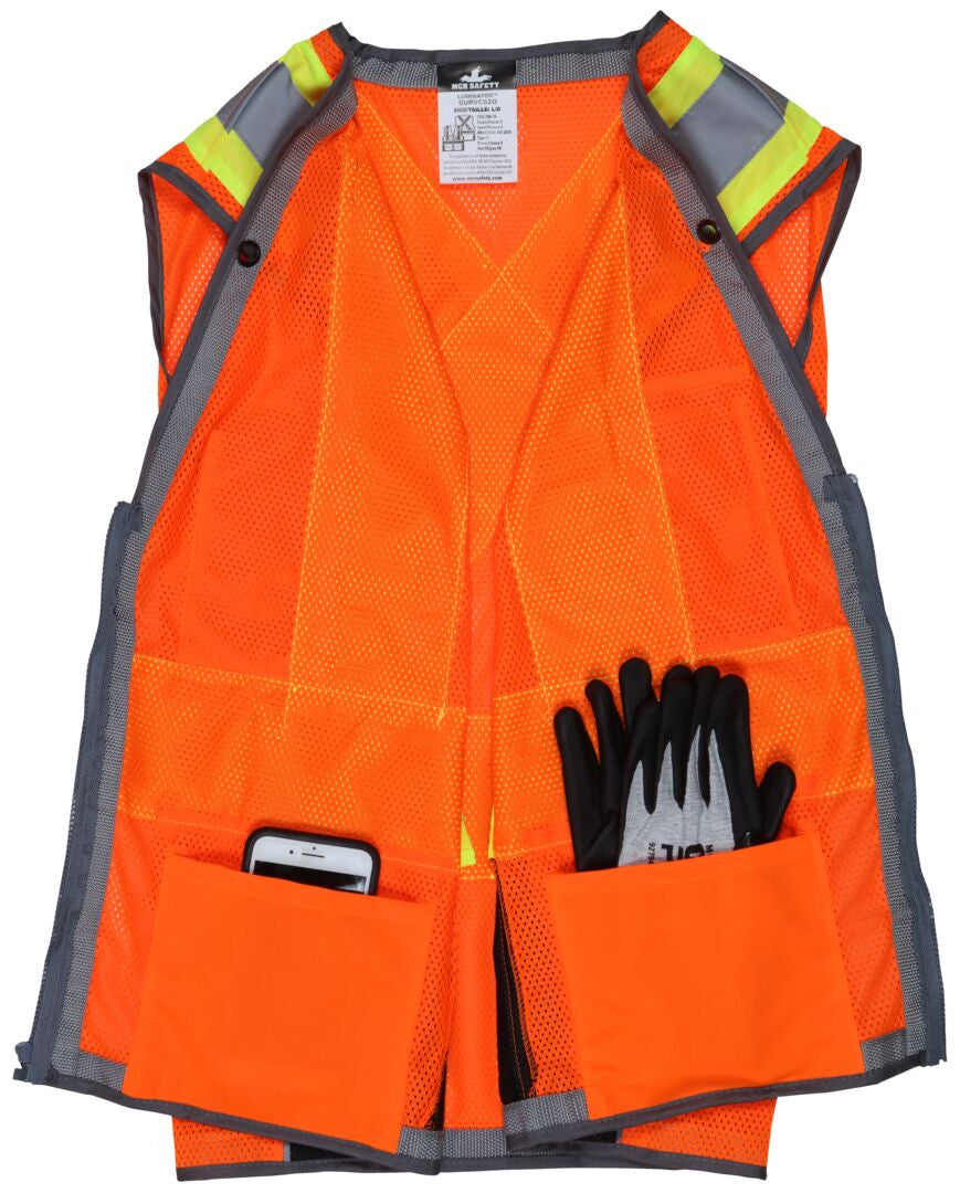SURVCS2O - Hi-Vis Reflective Orange Safety Vest Mesh Fabric with 3-Inch Lime Silver Stripes ANSI/ISEA 107 2020 Type R Class 2 CSA Z96 Class 2 Compliant Zipper Front Closure Surveyor Safety Vest with 6 Pockets