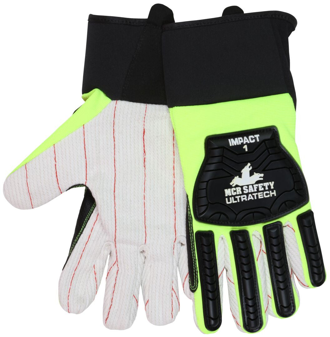 UT1901 - MCR Safety UltraTech® Mechanics Gloves - Hi-Visibility, Heat and Abrasion Resistant Gloves - Corded Cotton Double Palm - TPR Back-of-Hand Protection - Provides Excellent Impact Protection