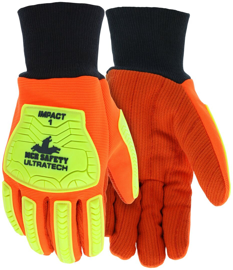 UT1902 - MCR Safety UltraTech® Gloves - Hi-Visibility Impact and Abrasion Resistant - Corded Cotton/Poly Double Palm - TPR Back-of-Hand Protection - Excellent Impact Protection