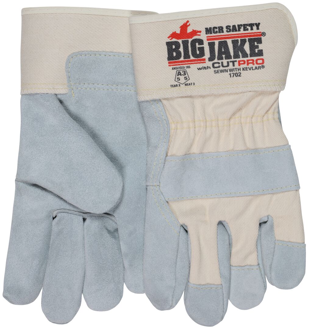 1702 - Big Jake Series Leather Palm Work Gloves - Premium A+ Grade Split Side Leather - 2.75-Inch Safety Cuff - Palm Lined with DuPont™ Kevlar® Aramid - Sewn with DuPont™ Kevlar® Thread - Constructed with Premium Components