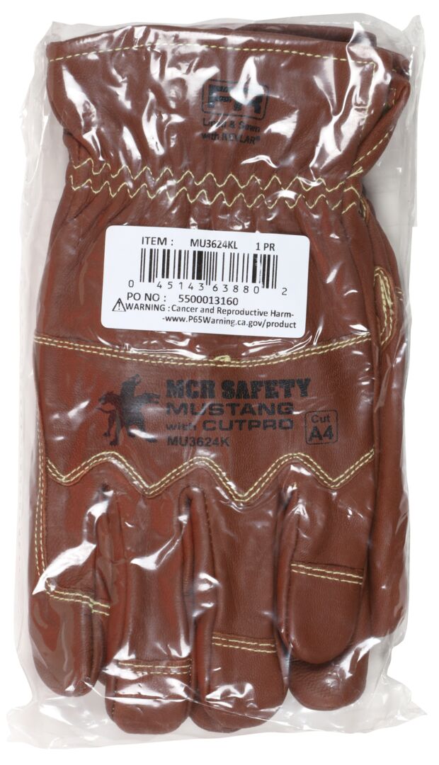 MU3624K - Mustang Utility Leather Drivers Work Gloves - Premium A Grade Grain Goatskin - Double Palm - Lined and Sewn with DuPont™ Kevlar® - Wing Thumb - This FR Glove has an Arc Rating of 61.4 cal/cm²