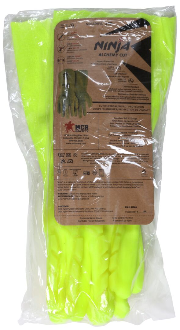 N2659HVL - Ninja® Alchemy - Cut-Resistant and Chemical-Resistant Work Gloves - TPR Back of Hand Provides Impact Resistance - 14-Inch Overall Length - Hand Double Dipped in PVC - 15-Gauge Cut Resistant HyperMax® HPPE Liner