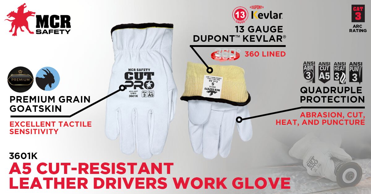 3601K - Leather Drivers Work Gloves - Premium A Grade Grain Goatskin - Lined with DuPont™ Kevlar Aramid / Synthetic - Cut Resistant - Arc rating of 37.5 cal/cm²