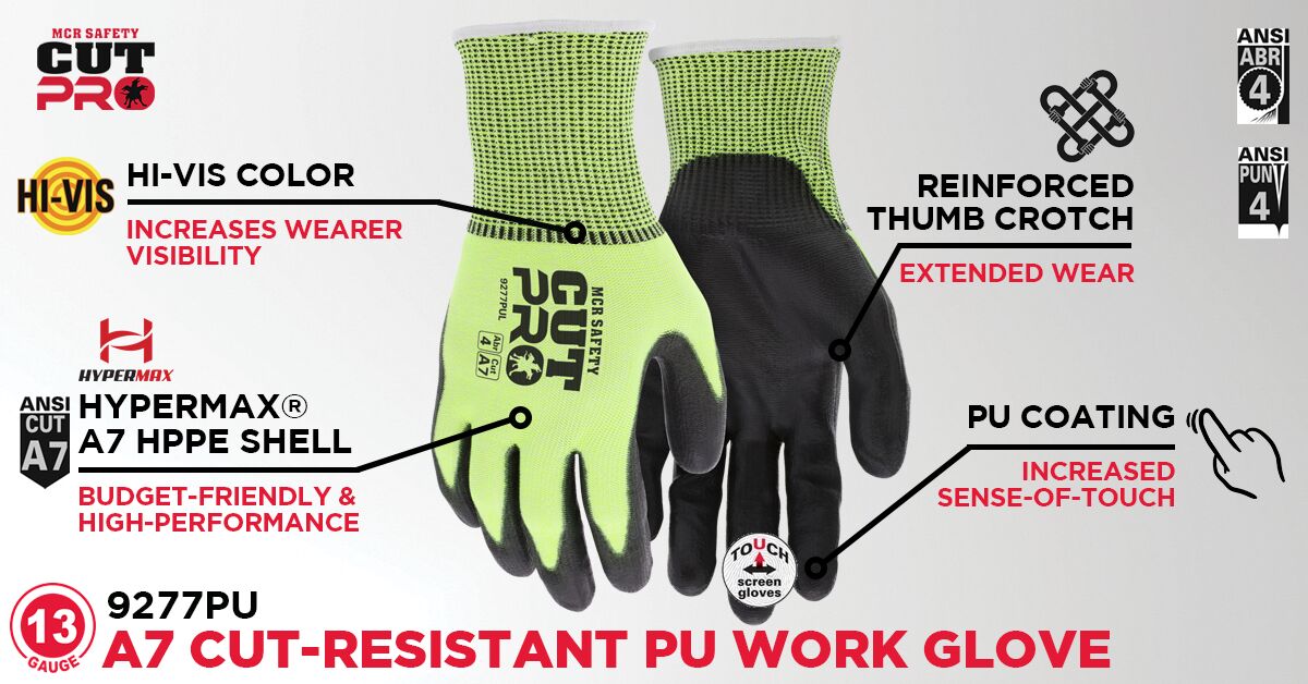 9277PU - MCR Safety CutPro® - 13 Gauge HyperMax® HPPE Shell - PU Coated Palm and Fingertips - Hi-Visibility Cut Resistant Work Gloves
