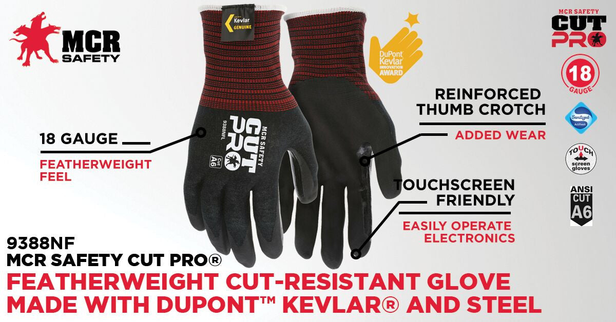 9388NF - MCR Safety CutPro® - 18 Gauge Black Kevlar® / Stainless-Steel - Cut Resistant Work Gloves - Nitrile Foam Palm and Fingertips - Reinforced Thumb Crotch for Durability and Extended Wear
