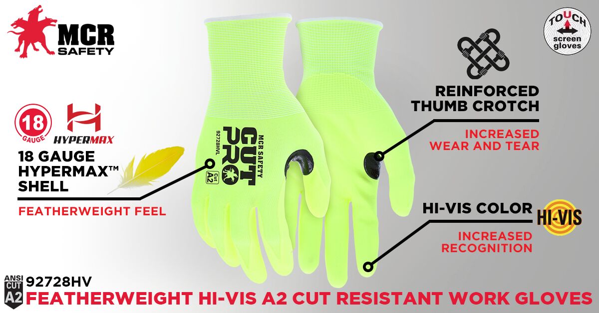 92728HV - MCR Safety CutPro® - 18 Gauge HyperMax® HPPE Shell - Hi Vis Cut Resistant Work Gloves - Nitrile Foam Coated Palm and Fingertips - Reinforced Thumb Crotch
