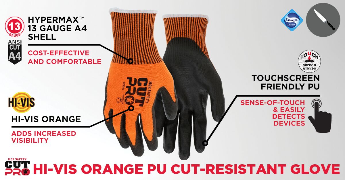 92724 - MCR Safety CutPro® - 13-Gauge Orange HyperMax® HPPE Shell - Cut Resistant Work Gloves - Polyurethane (PU) Coated Palm and Fingertips - Touchscreen Friendly Gloves