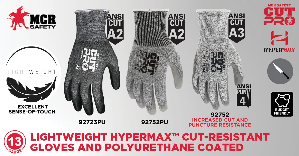92752 - MCR Safety CutPro® - 13 Gauge HyperMax® HPPE Shell - Cut, Abrasion, and Puncture Resistant - Polyurethane (PU) Coated Palm and Fingertips