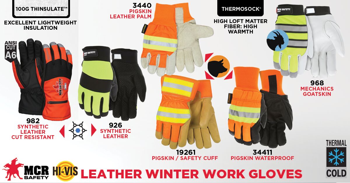 968 - MCR Safety Mechanics Gloves - Insulated Grain Goatskin Palm - Fluorescent Lime Back with Reflective Stripes - Lined with Thermosock® for Cold Weather Protection