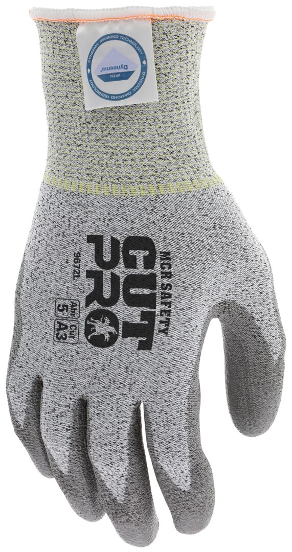 9672 - MCR Safety CutPro® - 13 Gauge Dyneema® Diamond Technology Shell - Cut Resistant Work Gloves - Polyurethane (PU) Coated Palm and Fingertips - Micro-particle Boosted High Strength Fiber Provides Cool Touch Comfort and Durability