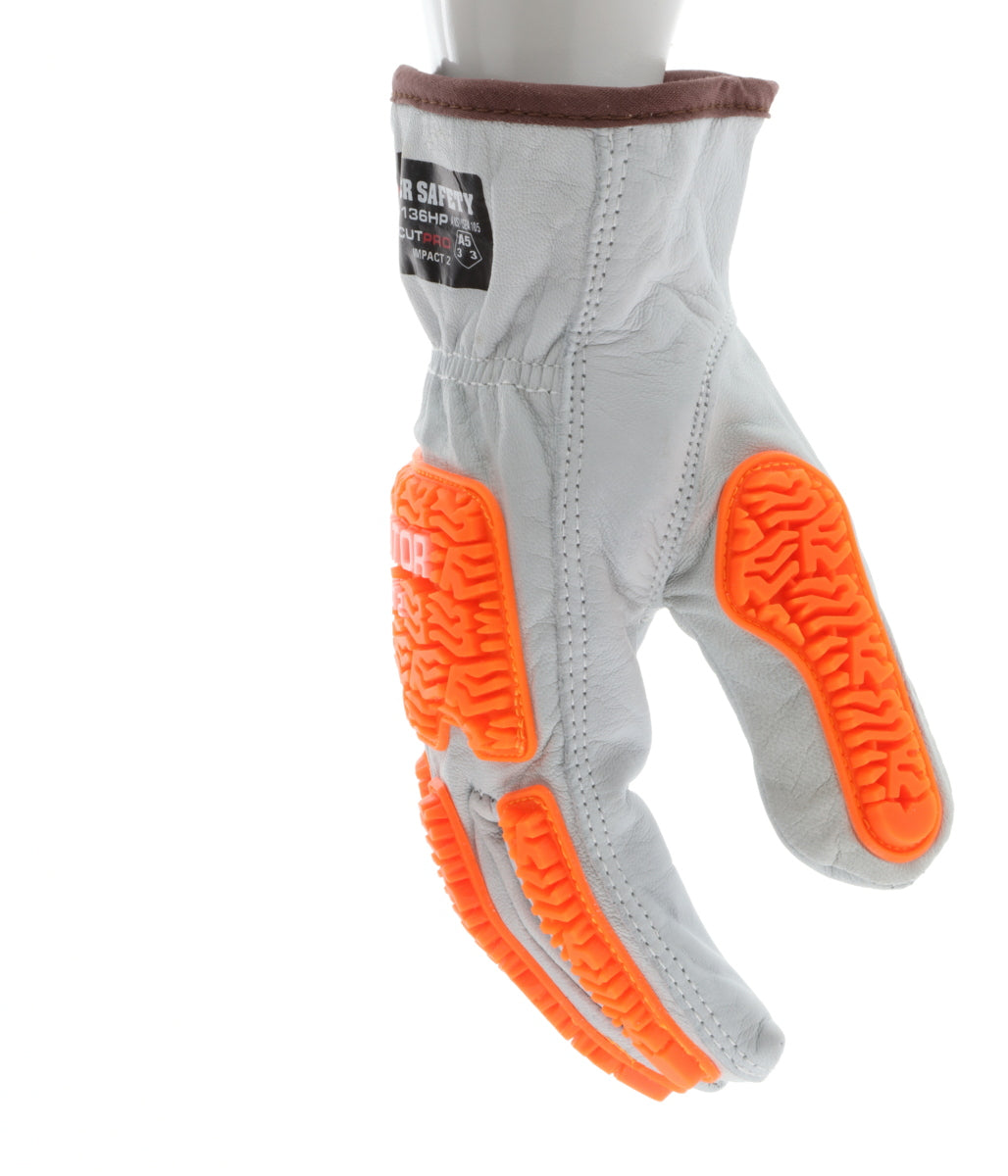 36136HP - CutPro® Leather Drivers - Cut Resistant Work Gloves - Grain Goatskin Leather with HyperMax® HPPE Liner - Orange TPR Back of Hand Protection