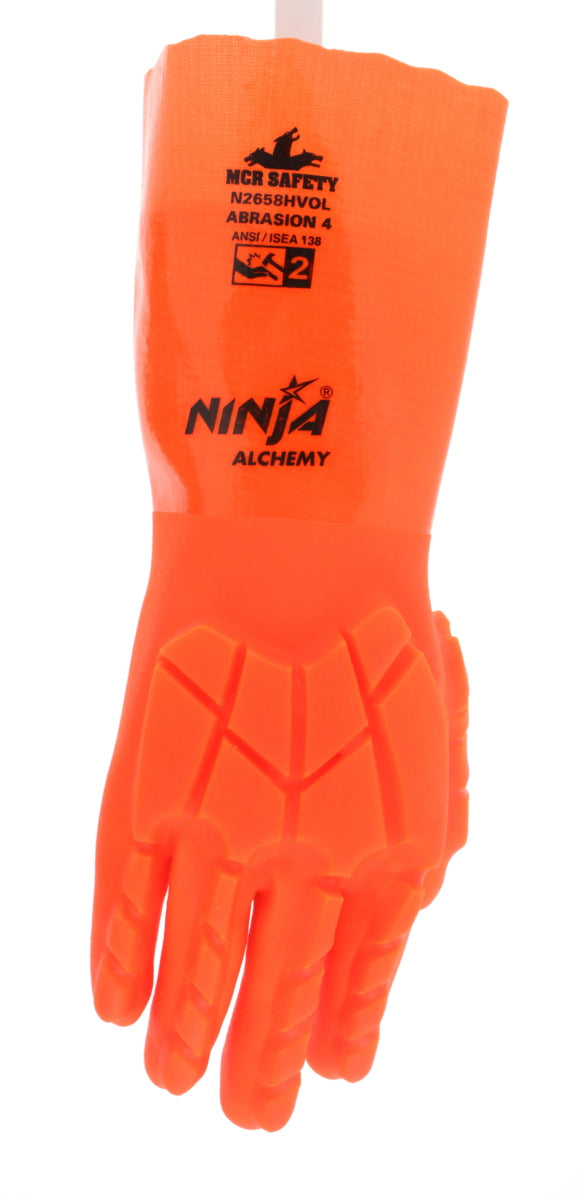 N2658HVO - Ninja® Alchemy Work Gloves - 15-Gauge Nylon Shell - Fully Double Coated with PVC - TPR Back-of-Hand Impact Protection - 14-Inch Gauntlet Cuff - Hi-Visibility Waterproof Glove with Level 2 Impact Protection