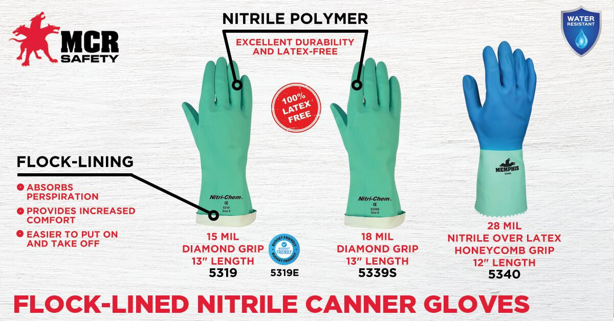 Nitri-Chem Nitrile Chemical-Resistant Gloves, Flock Lined, 18 Mil