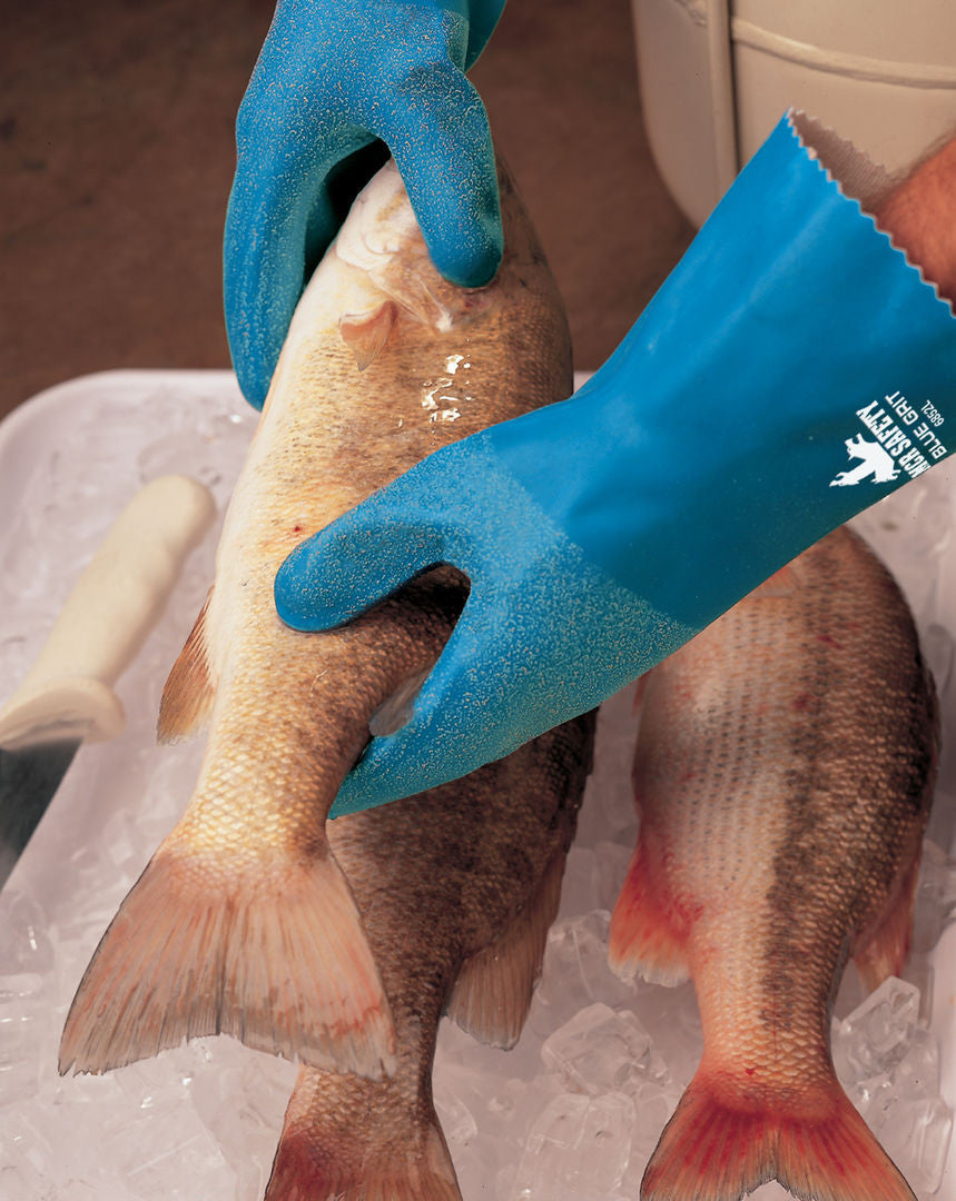 Blue Grit Textured Rubber-Coated Work Gloves, Interlock Lining, 12-Inch Gauntlet Cuff