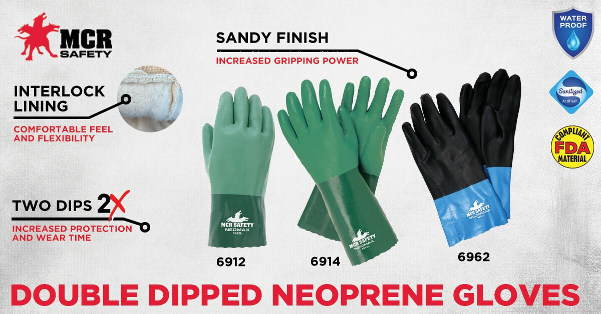 Duoprene Double-Dipped Neoprene Gloves, 12-Inch Gauntlet, Brushed Interlock Liner