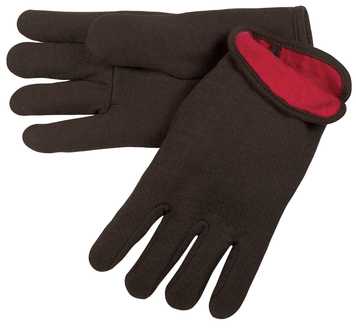 Brown Jersey Work Gloves, Cotton-Polyester Blend, Red Fleece Lined